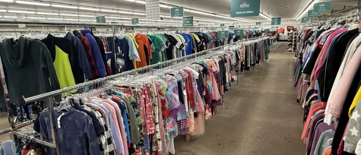 Racks of used clothing at Bargain Thrift Store in Oklahoma City