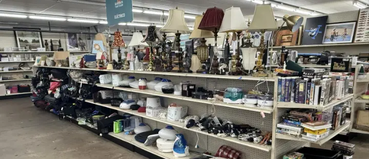 Lamps and small electrical items under the Electrical sign at Bargain Thrift Store