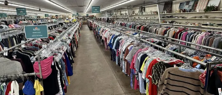 Women’s clothing racks at Bargain Thrift Store in Oklahoma City